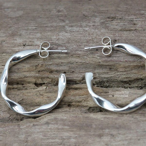 Ribbon Twist Hoop Earrings. Handmade in recycled silver