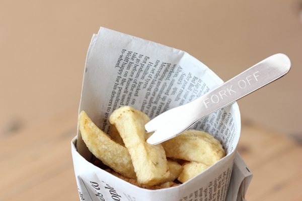 Hand sawn sterling silver 'Fork Off' chip fork