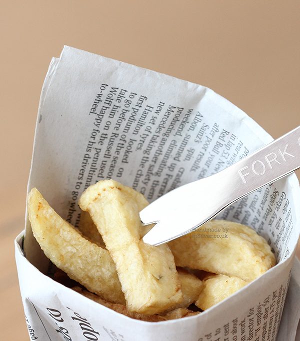 Hand sawn sterling silver 'Fork Off' chip fork