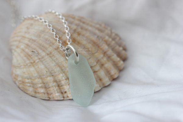 Seaglass Mint 1A shell wm 1024 Duck egg blue sterling silver sea glass pendant