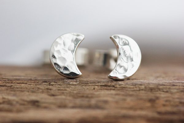 Mini Crescent moon studs GH wood 10c Wm 1024 Mini Glitter hammered moon studs