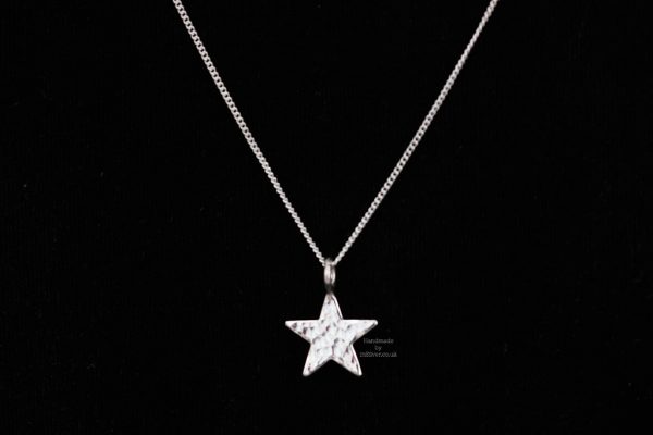 Star mini glitter hammered pendant velvet wm 1024 Sterling silver glitter hammered mini pendant, handmade in Folkestone