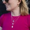 Insilver models - finals Handmade sterling silver layered pendants: line hammered star, plain crescent moon and glitter hammered full moon disc. Model wears star drop earrings.