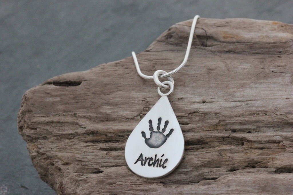 Silver Dewdrop personalised handprint pendant