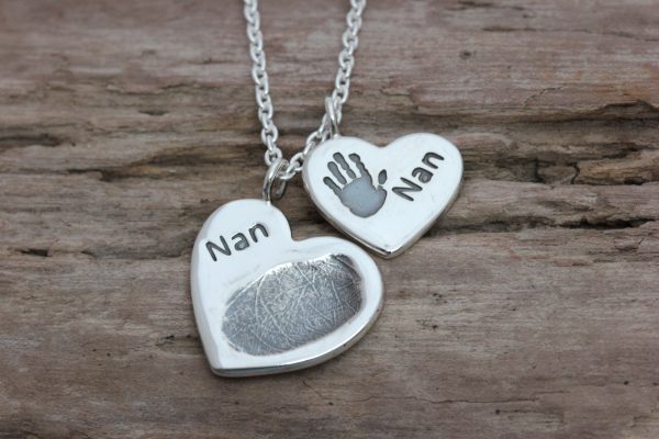 Silver handprint and fingerprint personalised duo pendant