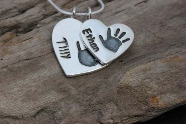 Silver personalised Handprint Heart duo pendant medium and large