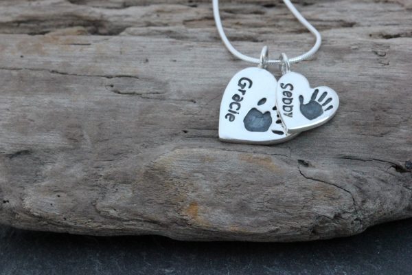 Silver Handprint Heart duo pendant