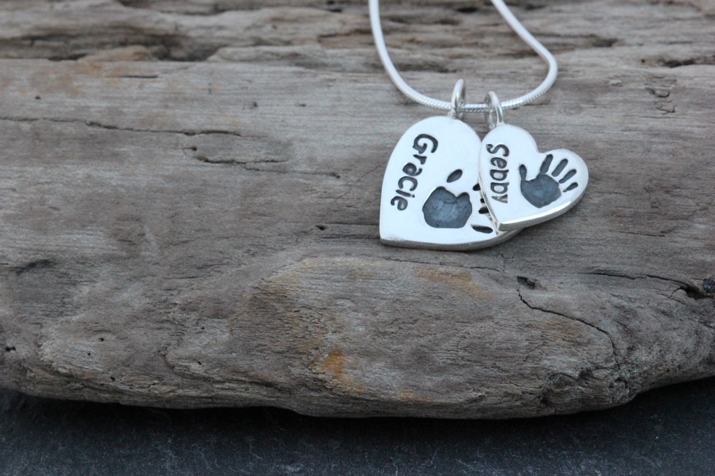 Silver Handprint Heart duo pendant