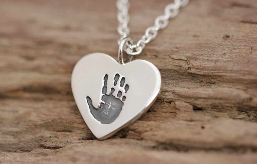 Silver personalised handprint heart necklace