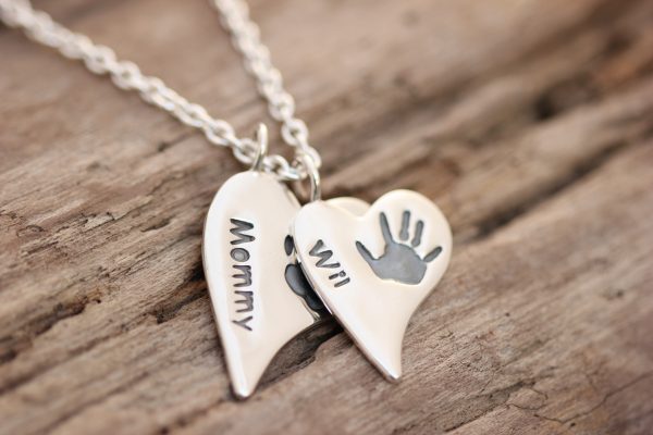 Silver Squishy heart handprint duo pendant