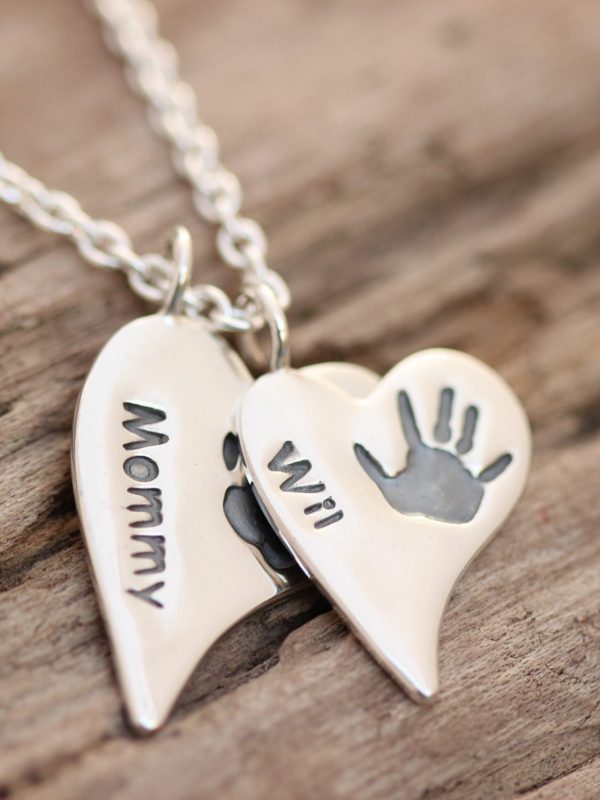 Silver Squishy heart handprint duo pendant