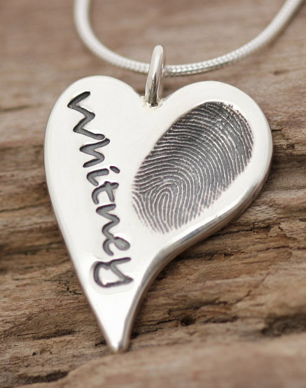 Squishy Silver Squishy heart personalised fingerprint pendant close up