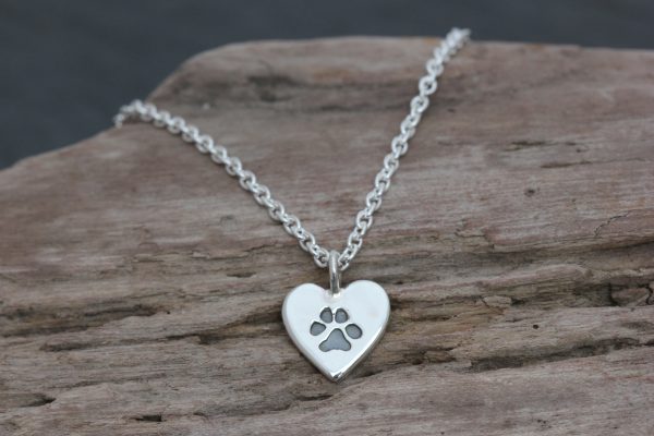 Silver personalised paw print heart pendant