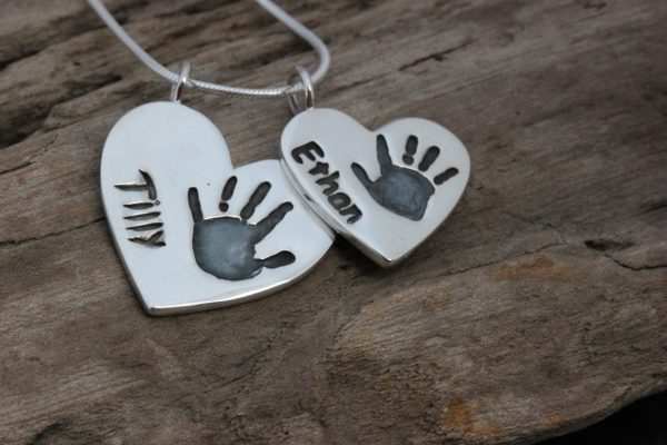 Silver personalised Handprint Heart duo pendant medium and large